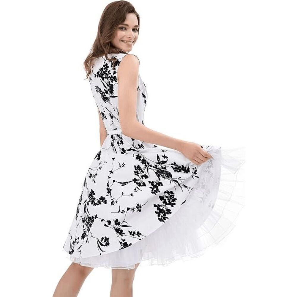 🖤🤍 Pinup Retro Vintage 1950s Floral White Rockabilly Dress w/Belt NEW L - Picture 3 of 15